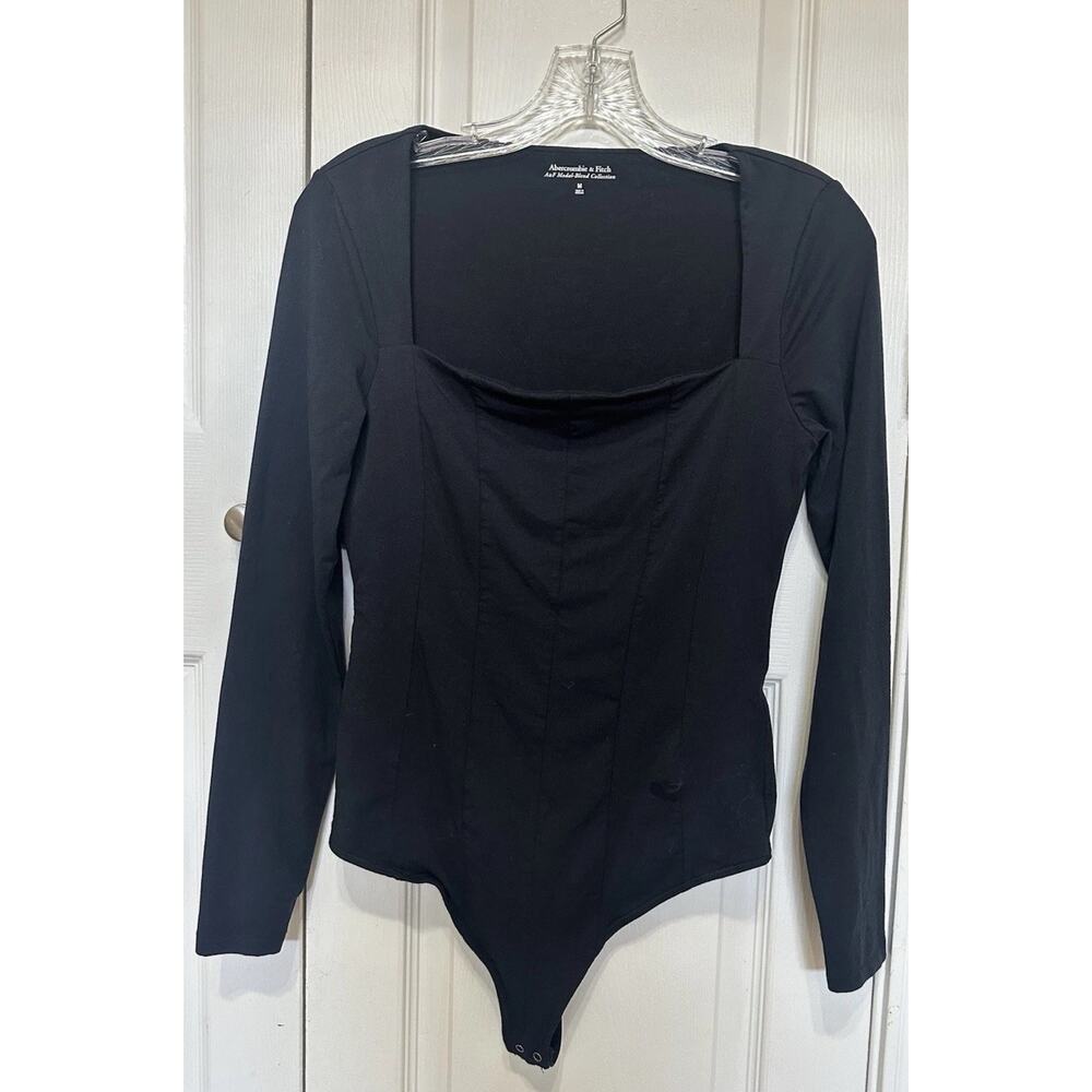 Abercrombie & Fitch Black Long Sleeve Square Neck Corset Bodysuit Size Medium
